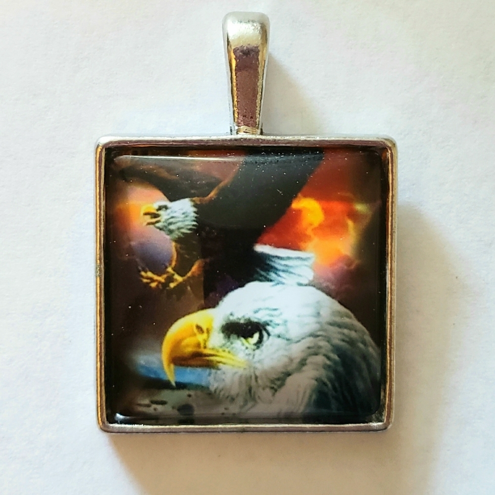 Tile Pendant Necklace Bald Eagle Picture Print Art Long Sweater Chain Silver